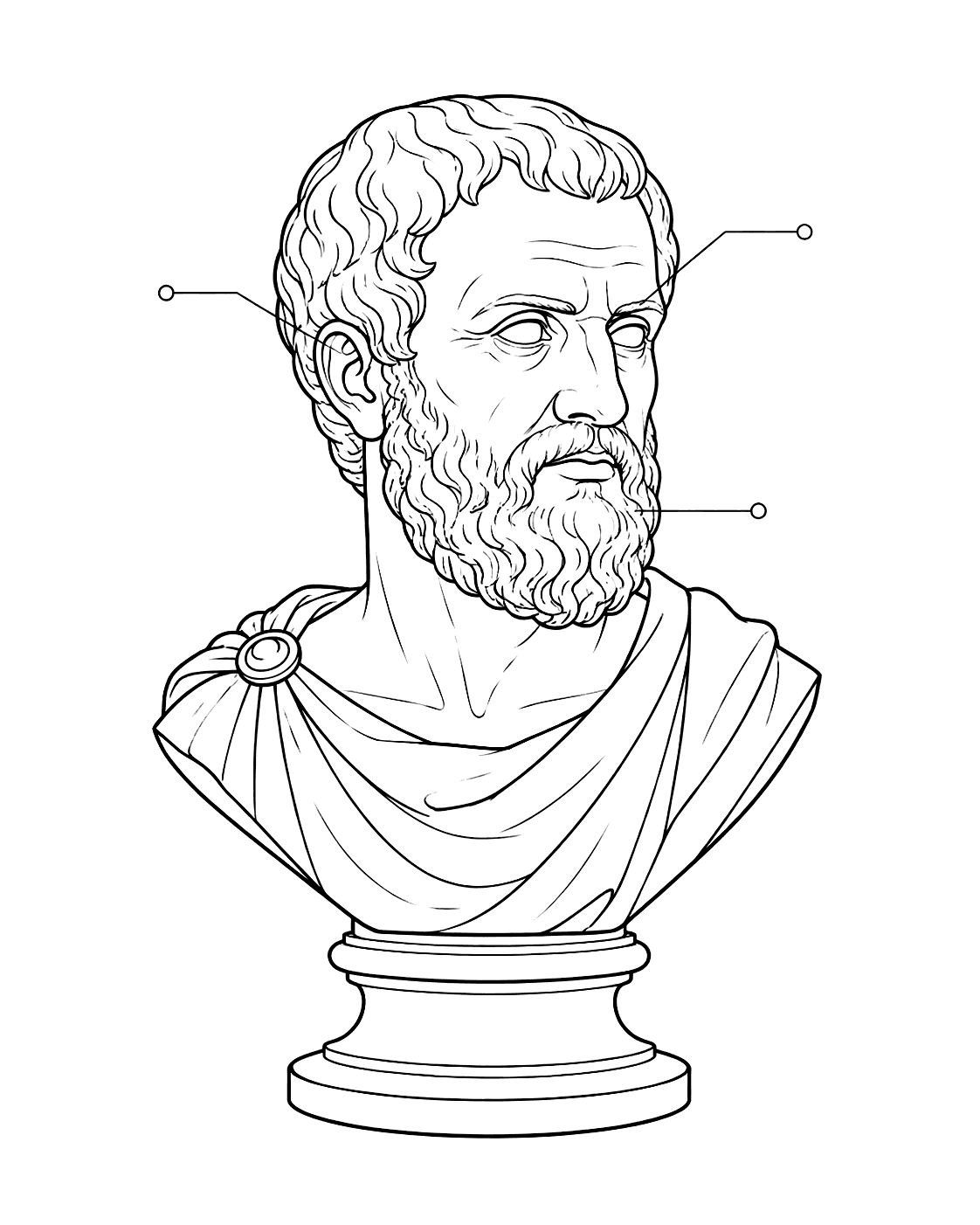 Гравюра: мраморный бюст мыслителя с тонкими измерительными линиями